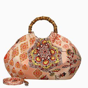 Bonfanti🌺Corolla SilkRoad coral printed bamboo top handle Crossbody Satchel